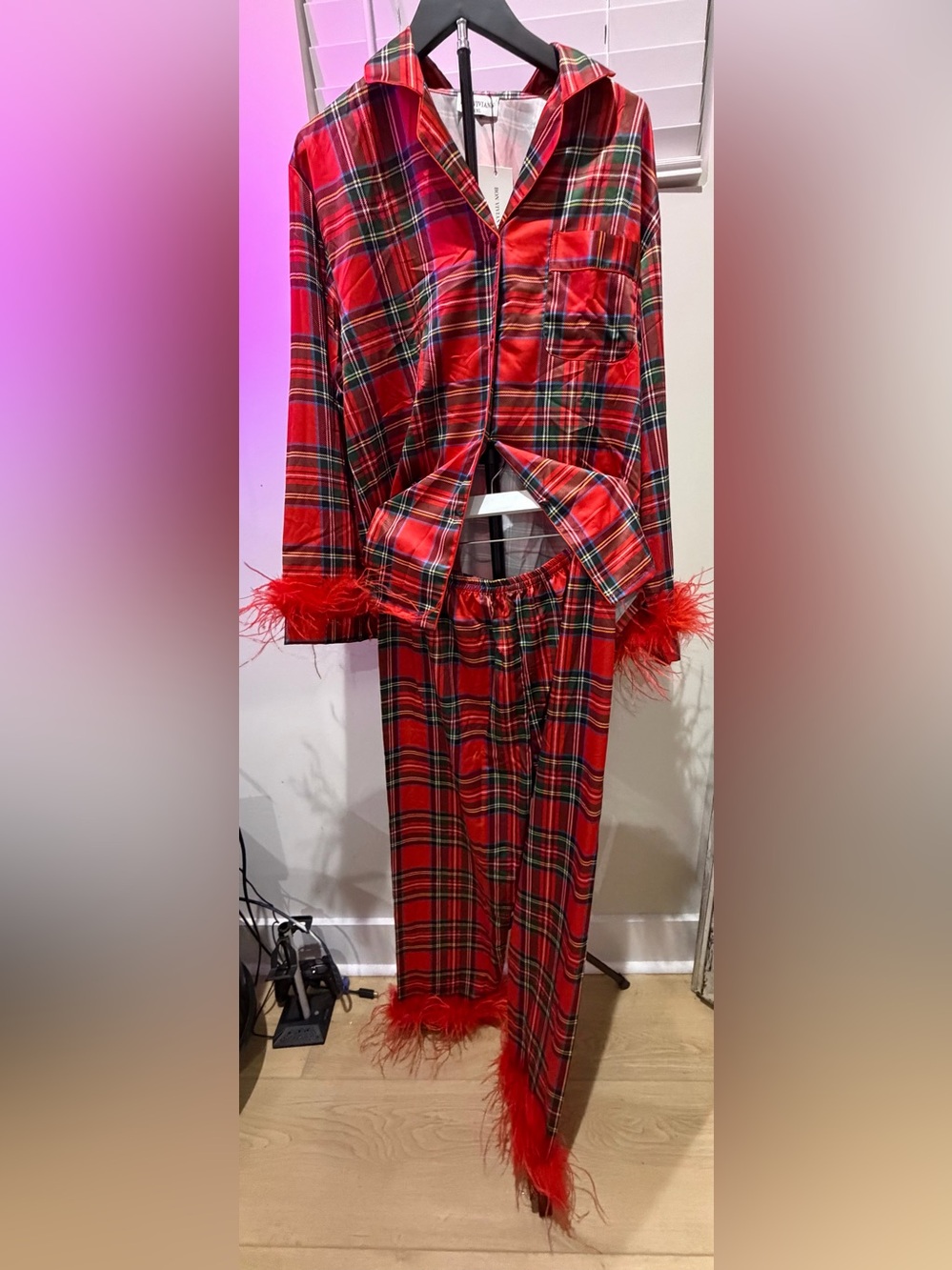 Red Plaid Kids Pajama Set with Feather Trim